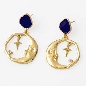 Moon and Star Dangling Stud Drop Earrings Crystals Gold Tone Blue E11